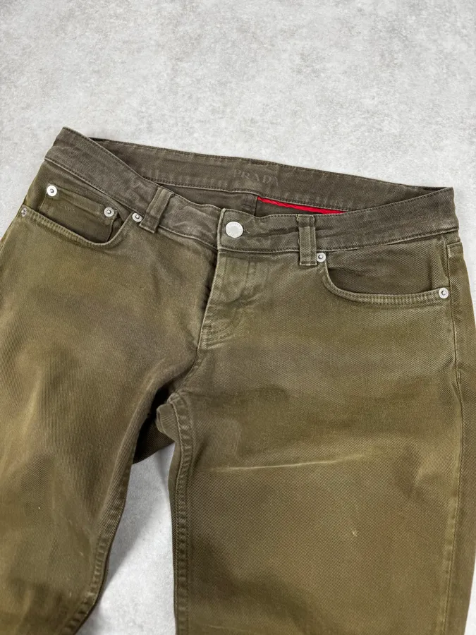 2000s Prada Khaki Green Zip Slim Pants - Image 5