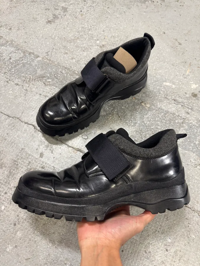 2000s Prada Low Leather Black Strap Boots - Image 3