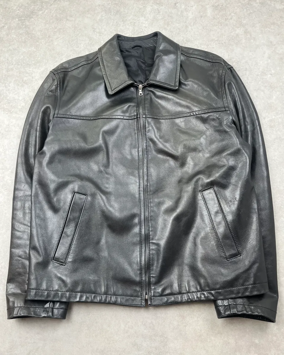 2000s Prada Minimalist Black Leather Jacket - Image 4