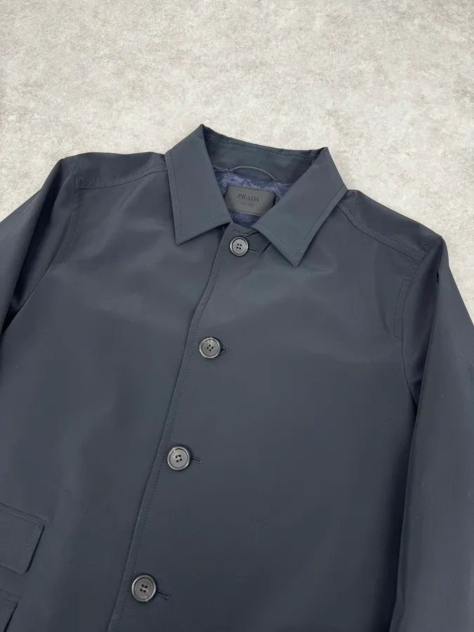 2000s Prada Navy Nylon Buttoned Class Long Jacket - Image 5