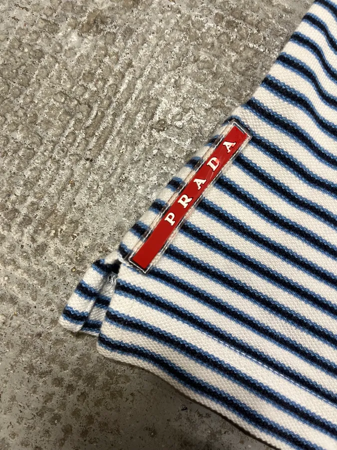2000s Prada Navy & White Linea Rossa Striped Polo Shirt - Image 8