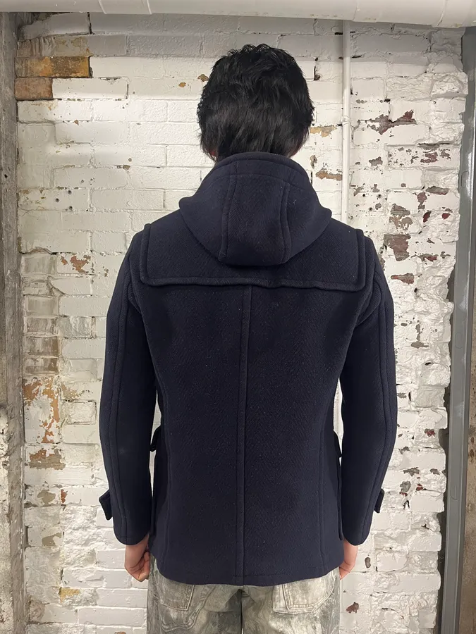 2000s Prada Navy Wool Horne Buckle Mongolian Hooded Jacket - Image 3