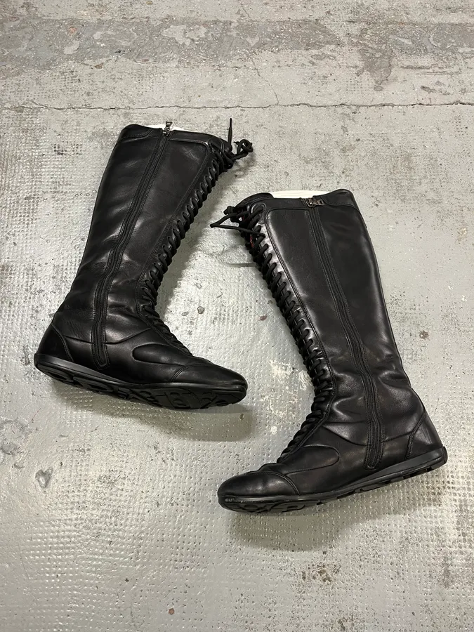 2000s Prada Ninja Lace-Up Black Leather High Boots - Image 3