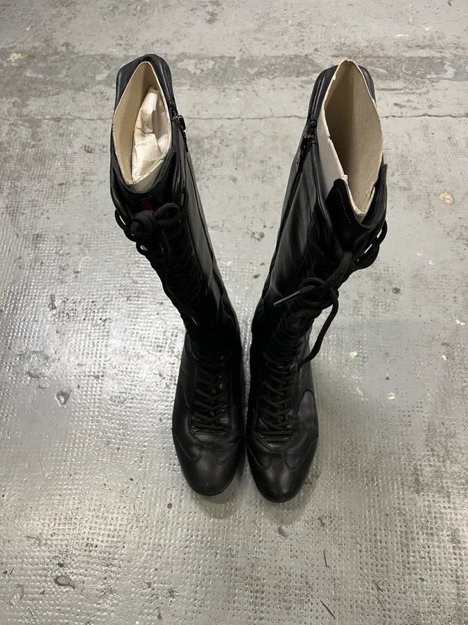2000s Prada Ninja Lace-Up Black Leather High Boots - Image 6