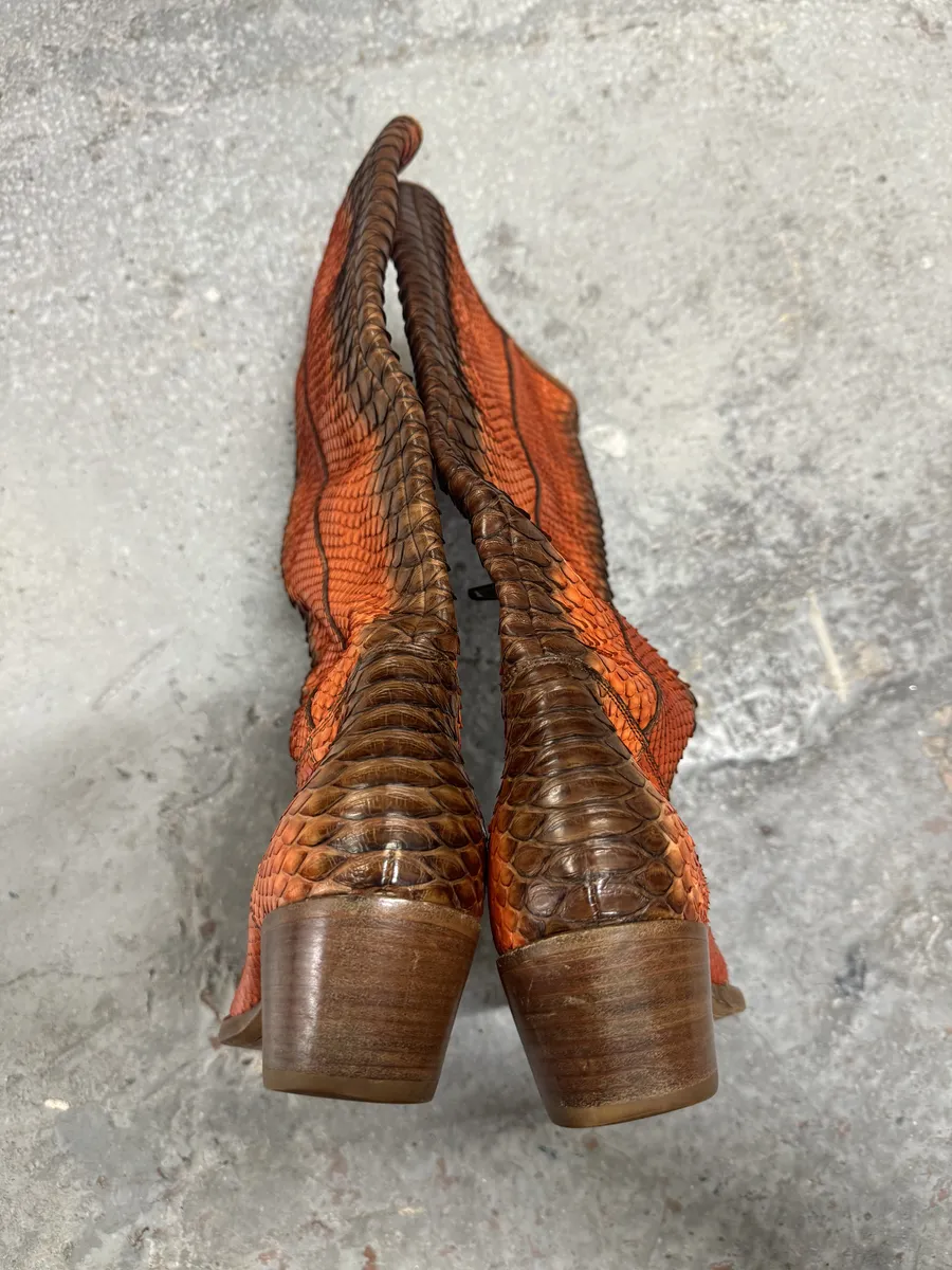 2000s Prada Orange Python Snakeskin Leather Santiags Western Boots - Image 5