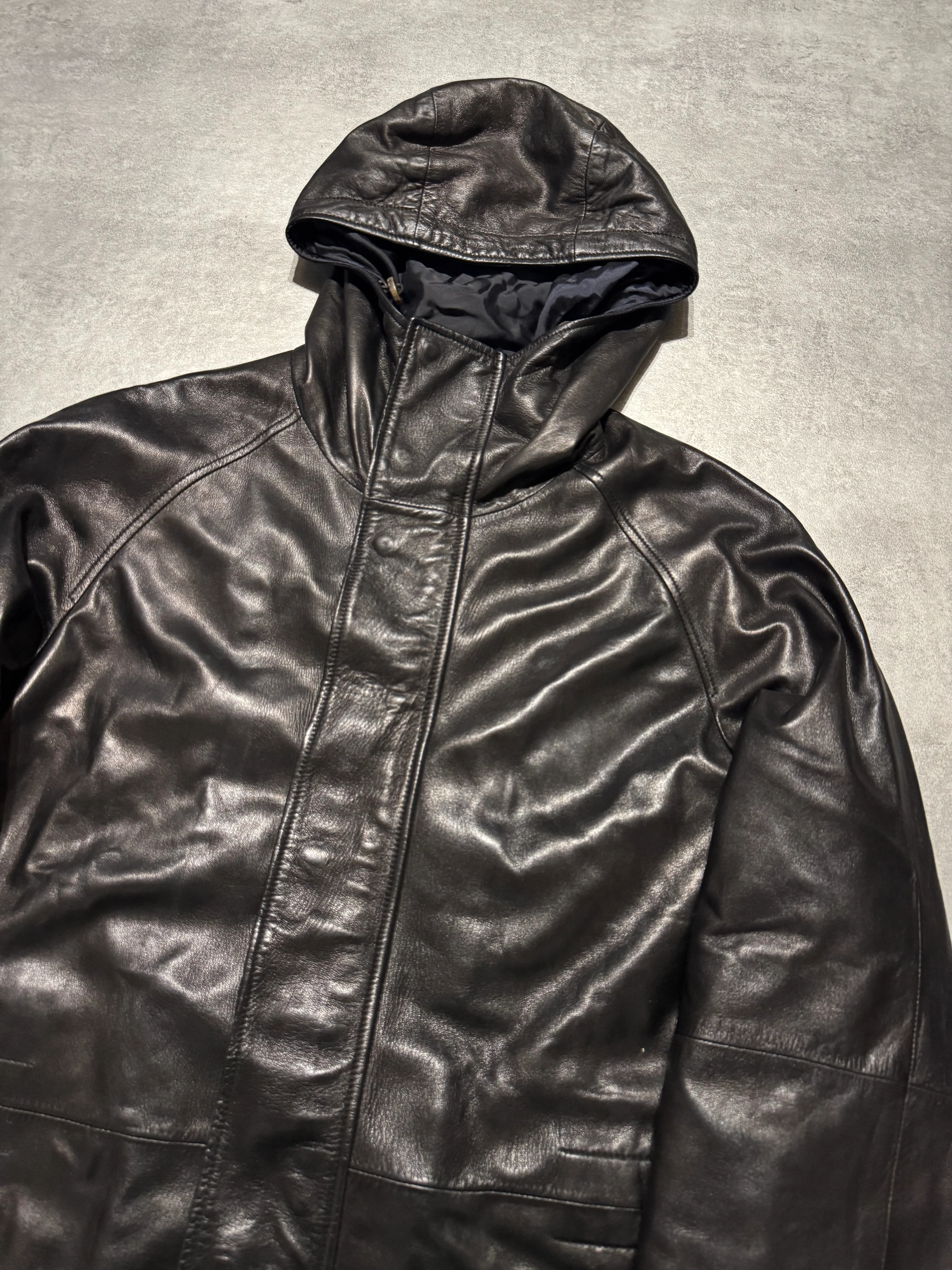 2000s Prada Sample Black Hooded Leather Jacket - Image 2