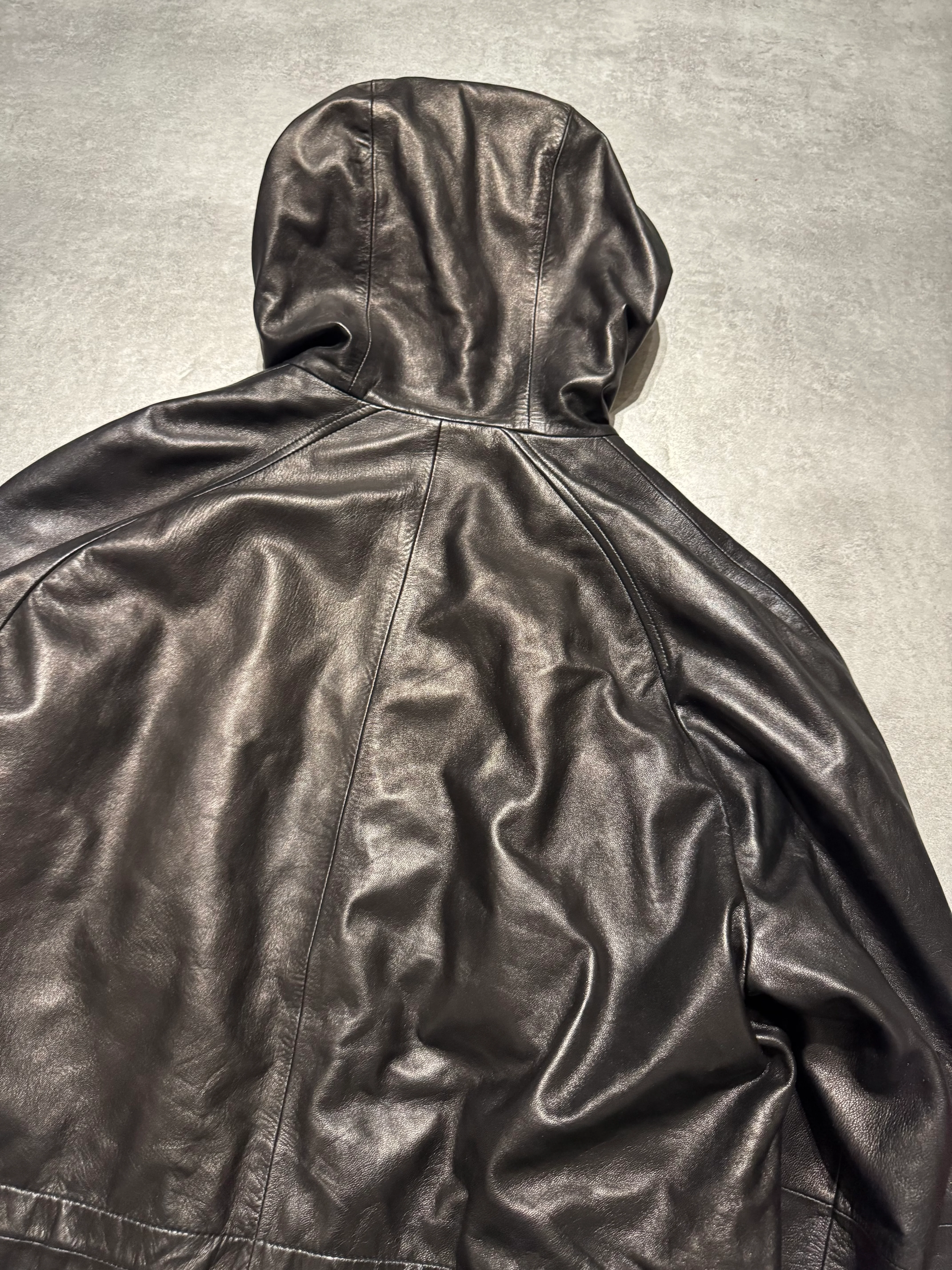 2000s Prada Sample Black Hooded Leather Jacket - Image 3