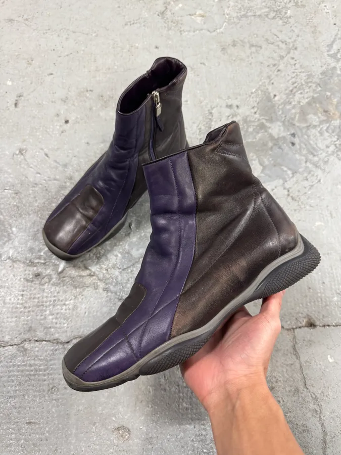 2000s Prada Sport Purple Black Leather High Top Sneakers