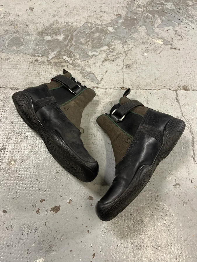 2000s Prada Strap Hybrid Green & Black Leather Boots - Image 3