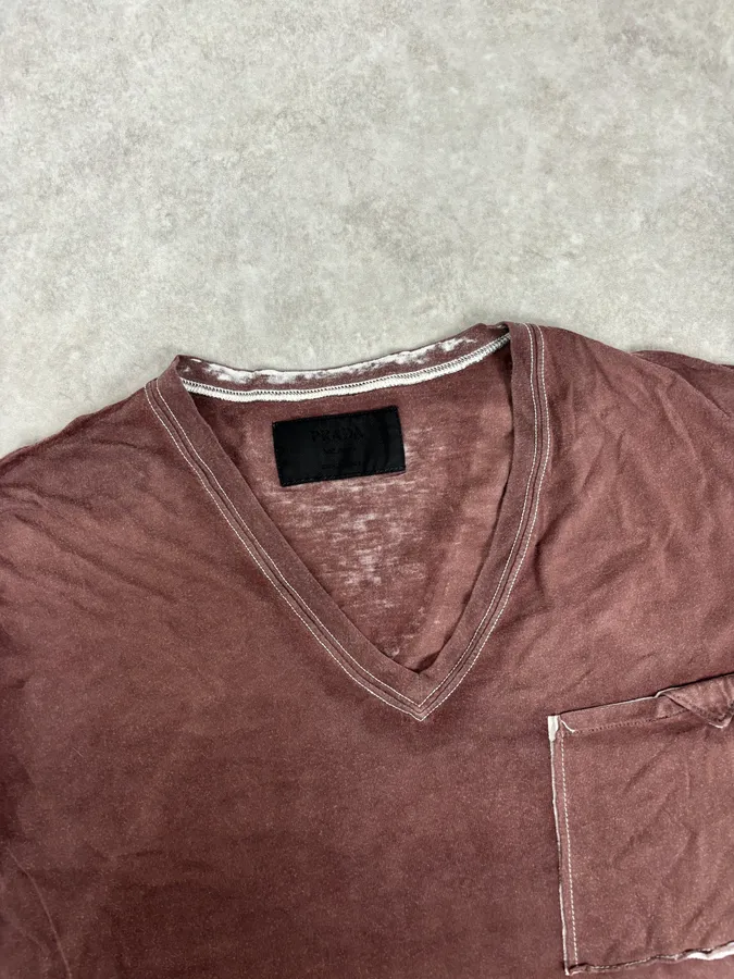 2000s Prada V Neck Irregular Rust T-Shirt - Image 4