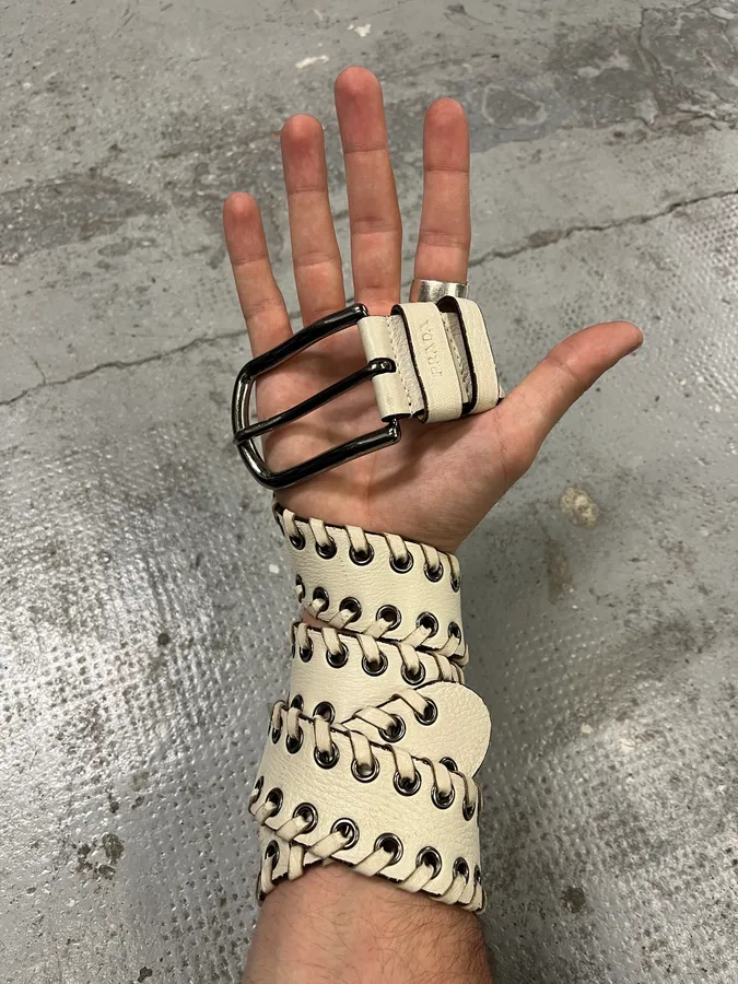 2000s Prada White Laced Eyled Leather Belt