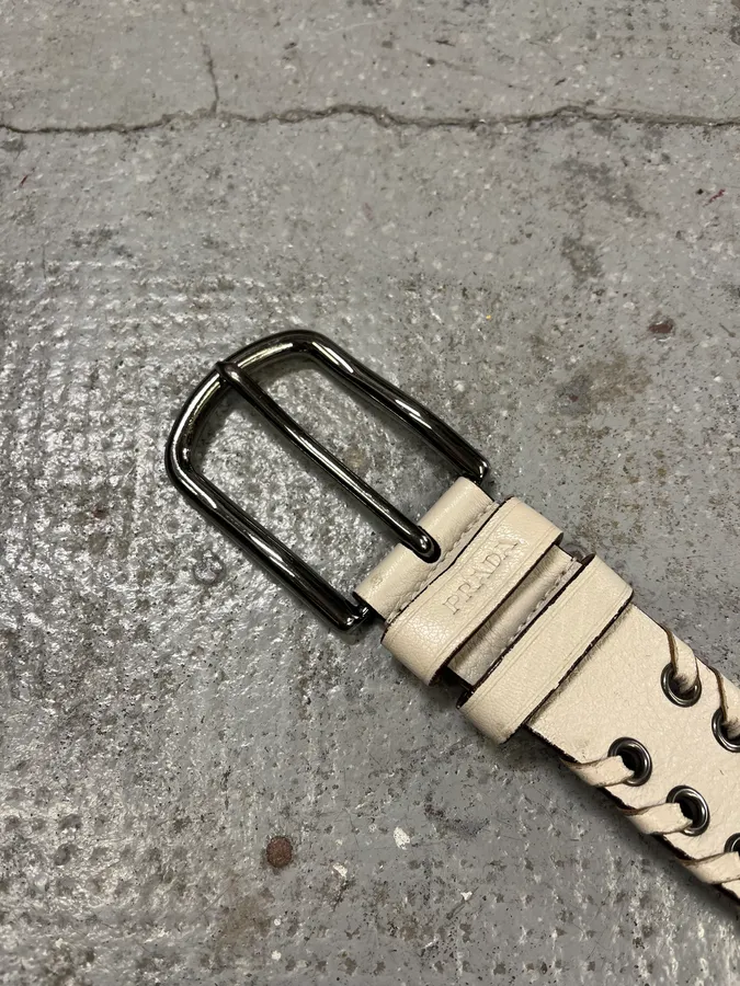 2000s Prada White Laced Eyled Leather Belt - Image 6