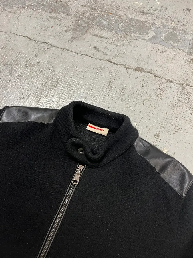 2000s Prada Wool & Leather Shoulder Black Zip-Up Sweater - Image 5