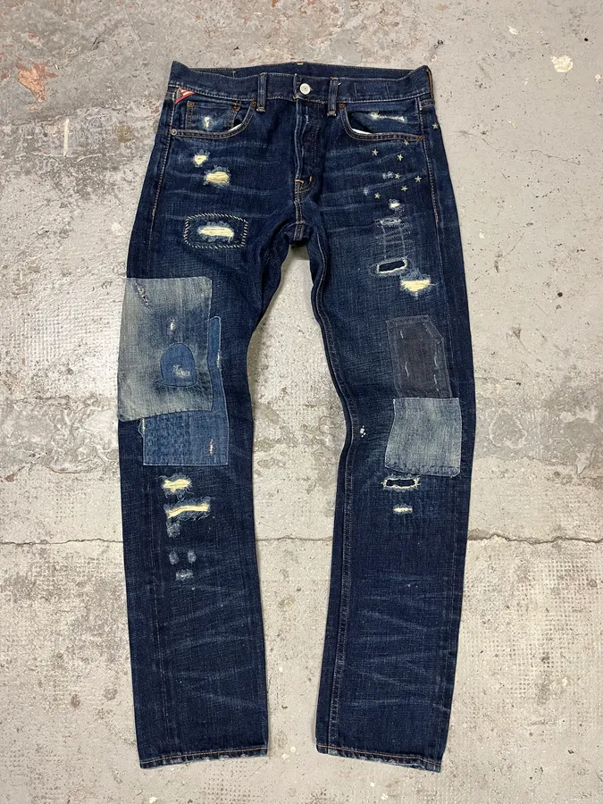2000s Ralph Lauren Blue Patchwork Effect Slim Denim Jeans