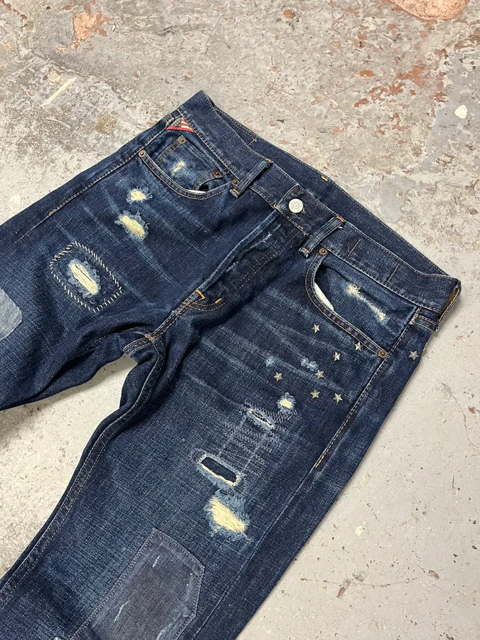2000s Ralph Lauren Blue Patchwork Effect Slim Denim Jeans - Image 8