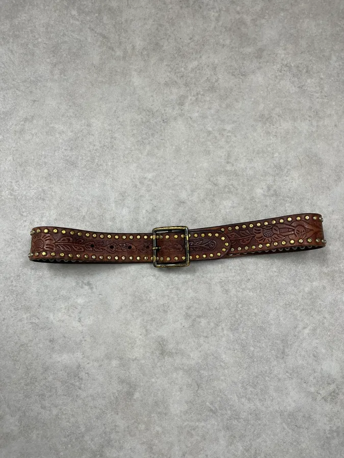 2000s Ralph Lauren Brown Leather Studded Belt - Image 3