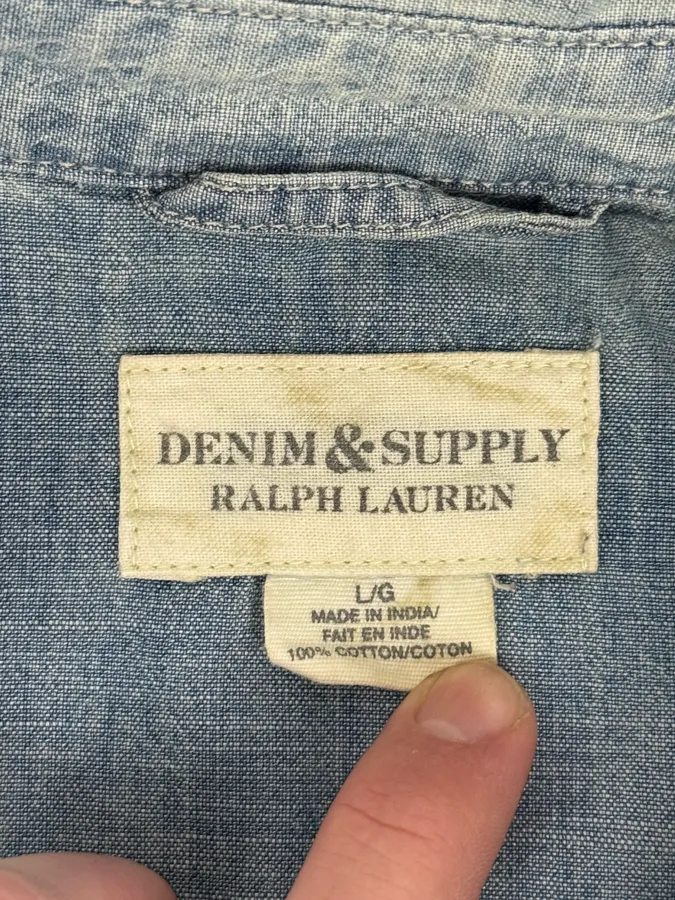 2000s Ralph Lauren Denim & Supply Destroyed USA Flag Blue Denim Shirt - Image 9