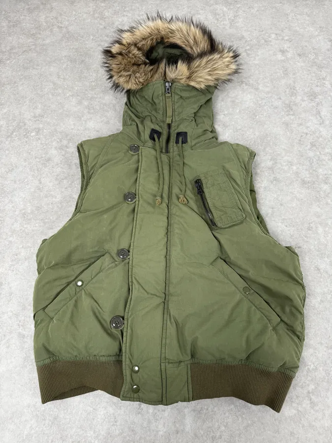 2000s Ralph Lauren Denim & Supply Khaki Fur Hood Vest Jacket - Image 4