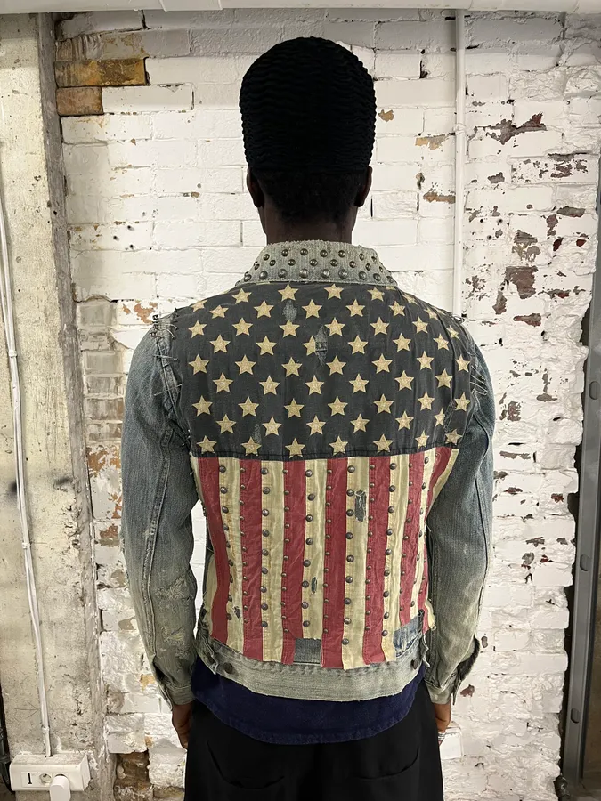 2000s Ralph Lauren Denim & Supply Pins Studded USA Flag Denim Jacket - Image 3