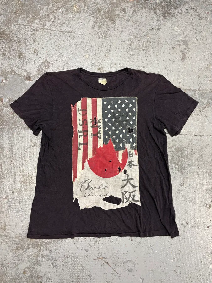 2000s Ralph Lauren Denim & Supply USA Japan Destroyed Flag Faded Black T-Shirt