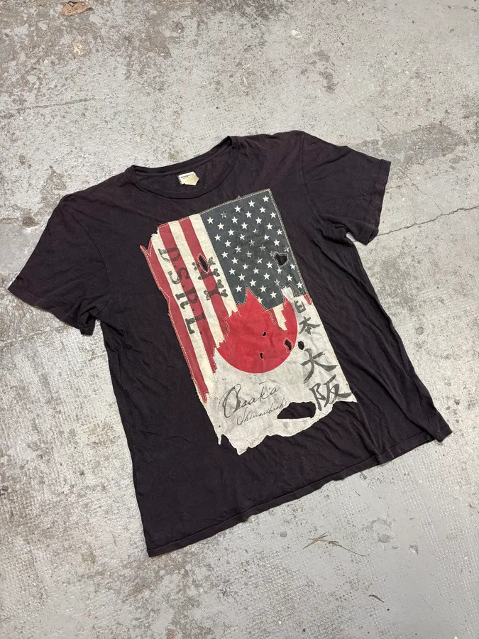 2000s Ralph Lauren Denim & Supply USA Japan Destroyed Flag Faded Black T-Shirt - Image 4
