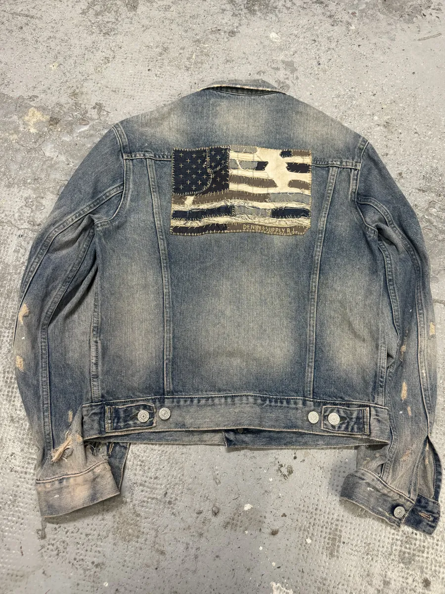 2000s Ralph Lauren Distressed Painted Blue Denim Flag Jacket