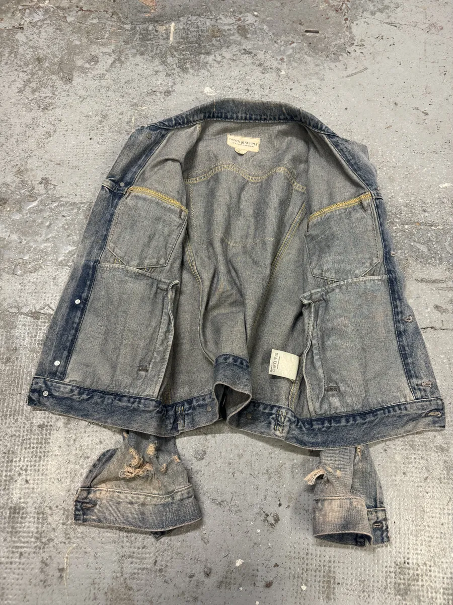 2000s Ralph Lauren Distressed Painted Blue Denim Flag Jacket - Image 6
