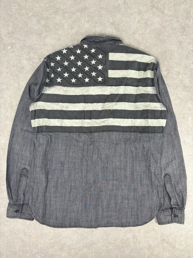2000s Ralph Lauren Grey Denim Shirt American Flag Patch - Image 5