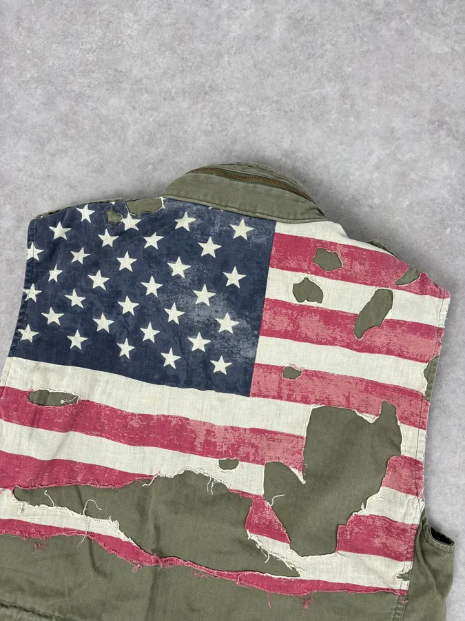 2000s Ralph Lauren Khaki USA Flag Distressed Cargo Vest - Image 6