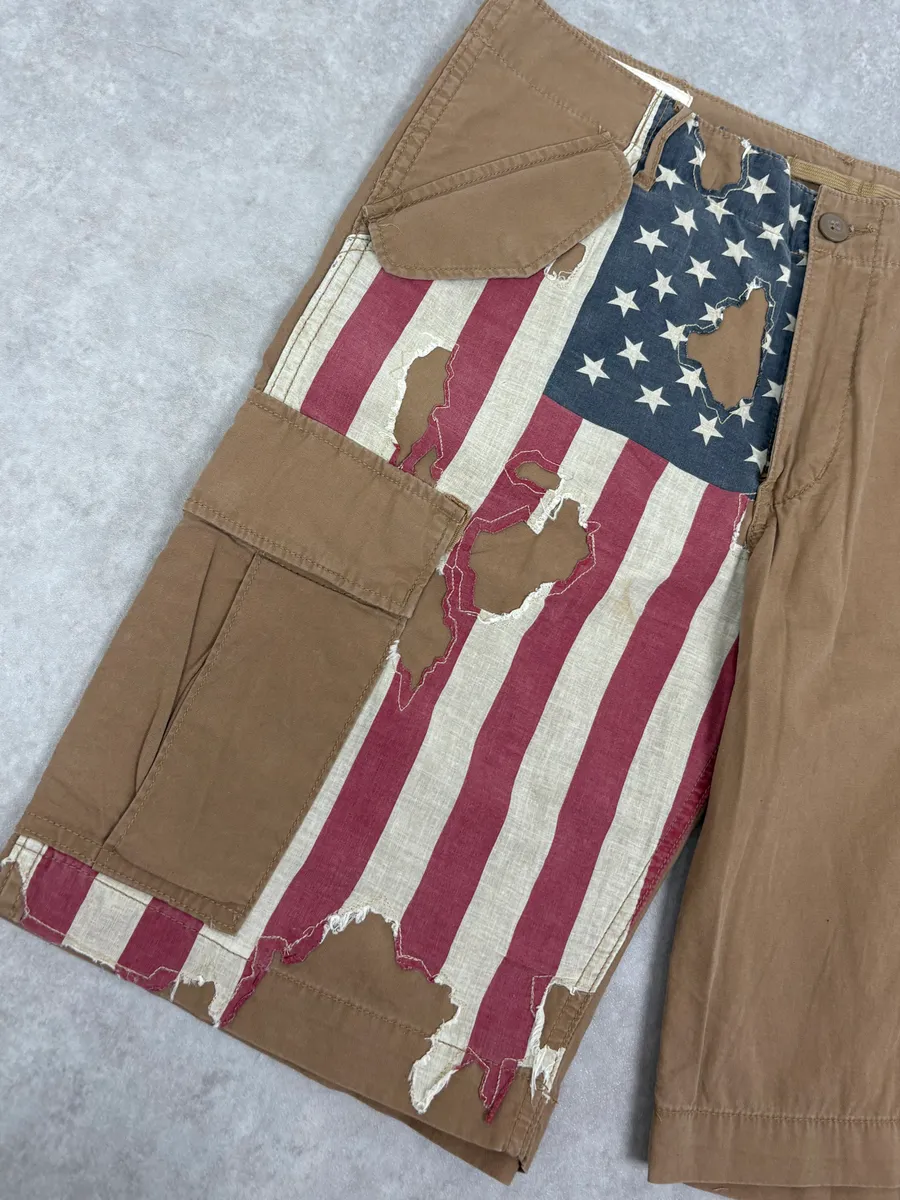2000s Ralph Lauren USA Distressed Flag Beige Shorts - Image 8