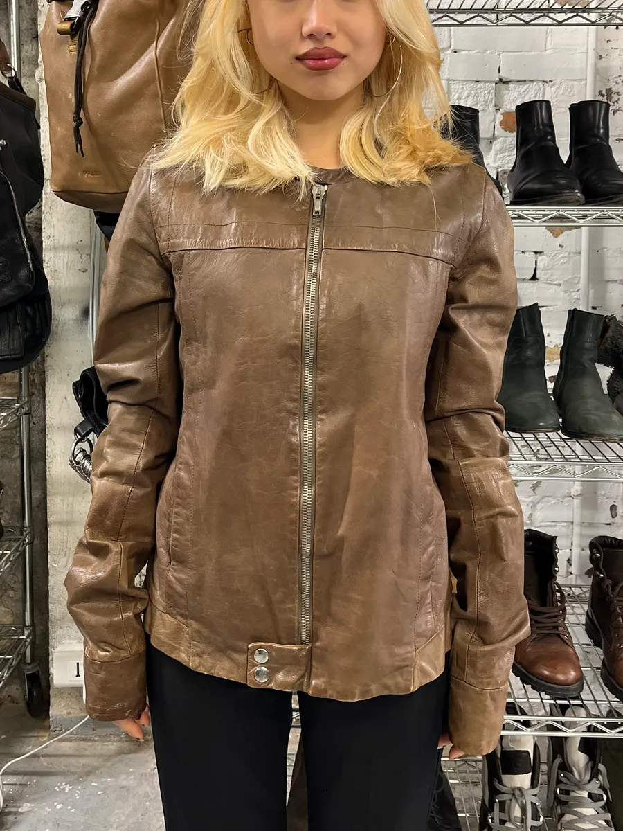 2000s Rick Owens Biker Brown Leather Jacket - Image 2