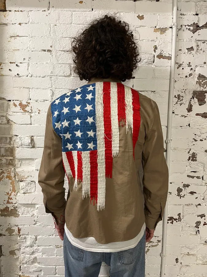 2000s Roberto Cavalli American Flag Beige Shirt - Image 4