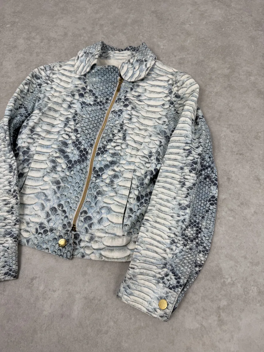 2000s Roberto Cavalli Asymmetrical Blue Python Effect Jacket - Image 7