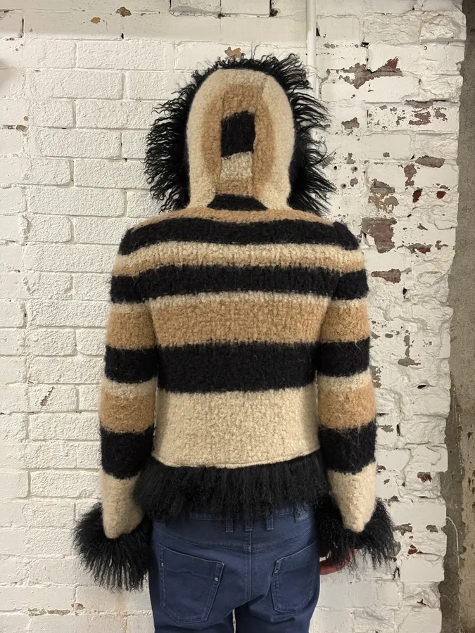 2000s Roberto Cavalli Beige & Black Striped Knit Distressed Zip-up Sweater - Image 3