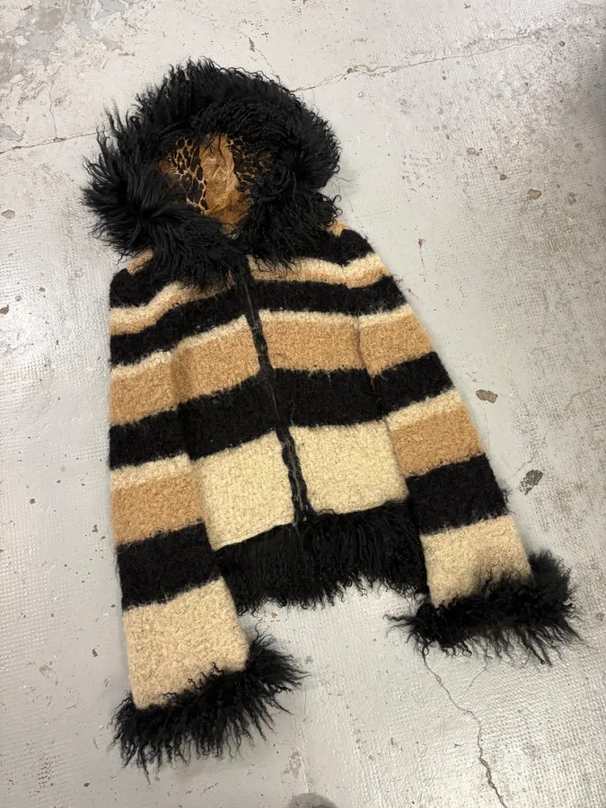 2000s Roberto Cavalli Beige & Black Striped Knit Distressed Zip-up Sweater - Image 4