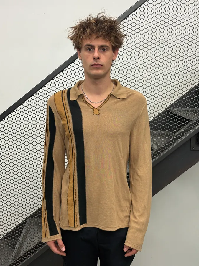 2000s Roberto Cavalli Beige Contrast Stripe Longsleeves Polo Sweater - Image 2