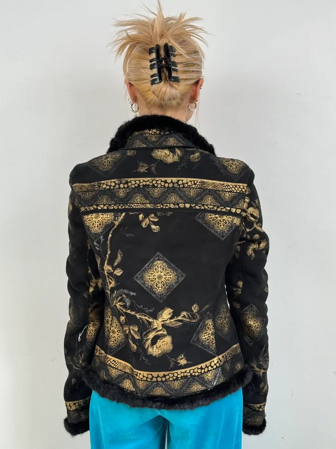 2000s Roberto Cavalli Black & Golden Royal Shearling Jacket - Image 3