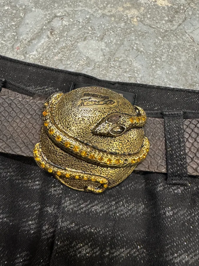 2000s Roberto Cavalli Black Snake Buckle Leather Belt - Image 2