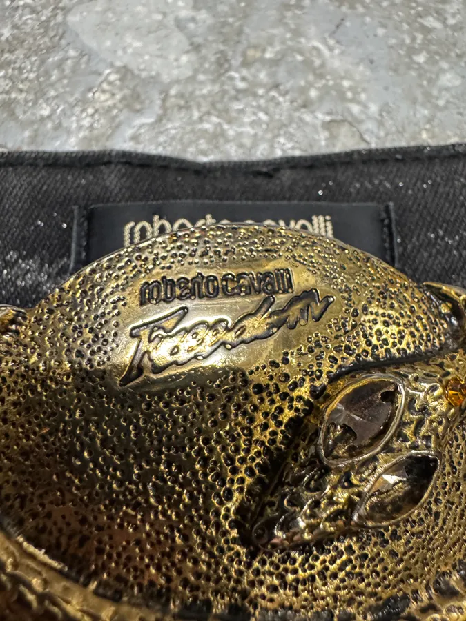 2000s Roberto Cavalli Black Snake Buckle Leather Belt - Image 3