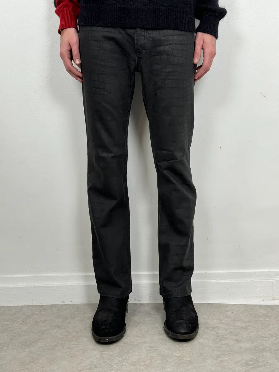 2000s Roberto Cavalli Black Waxed Crocodile Effect Pants - Image 2