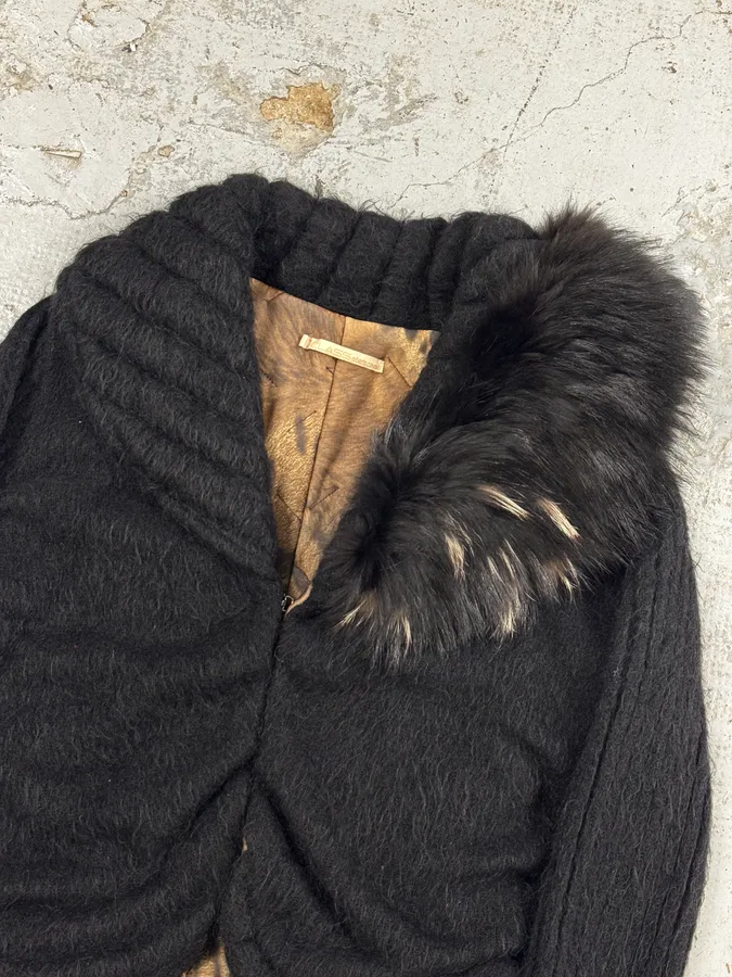 2000s Roberto Cavalli Black Wool Quilted Fox Fur Collar Cardigan - Image 6