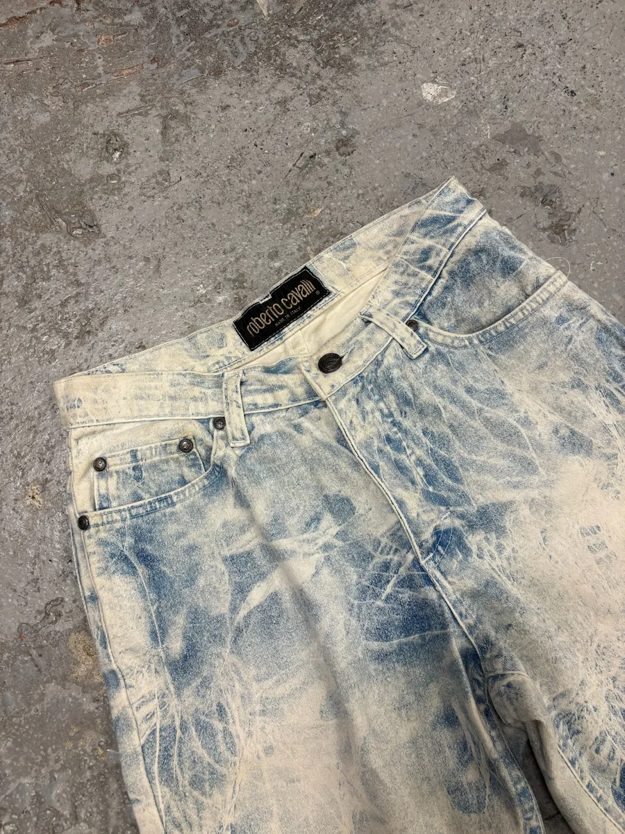 2000s Roberto Cavalli Bleached Blue & White Denim Jeans - Image 6