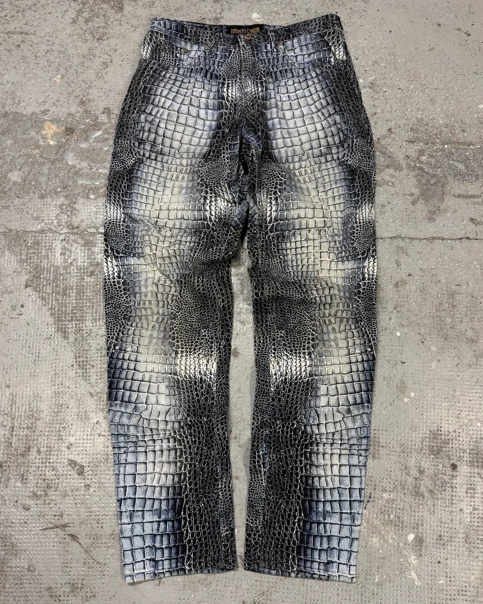 2000s Roberto Cavalli Blue Crocodile Effect Pants