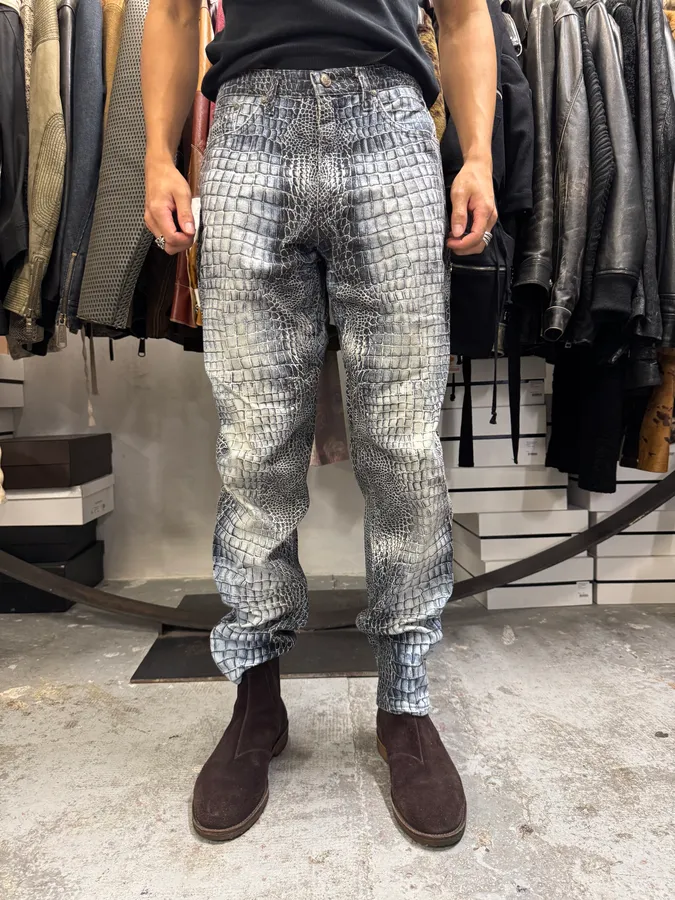 2000s Roberto Cavalli Blue Crocodile Effect Pants - Image 2