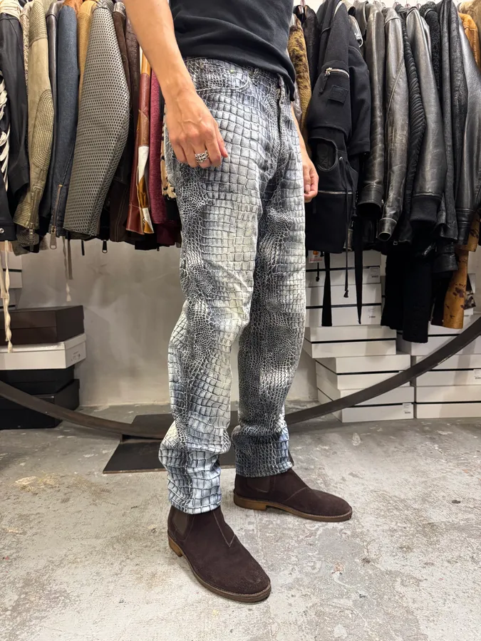 2000s Roberto Cavalli Blue Crocodile Effect Pants - Image 3