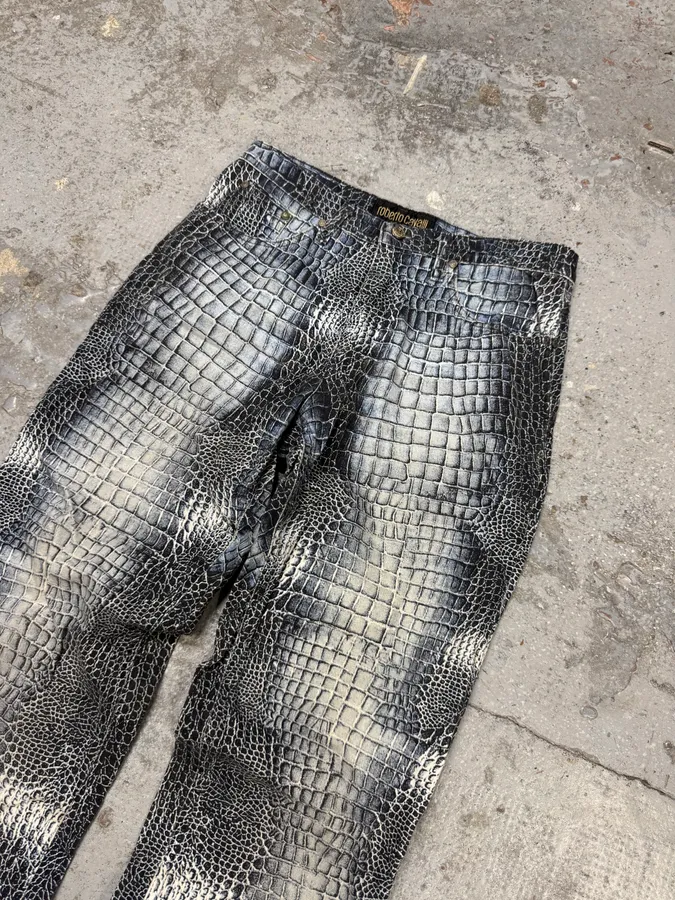 2000s Roberto Cavalli Blue Crocodile Effect Pants - Image 5