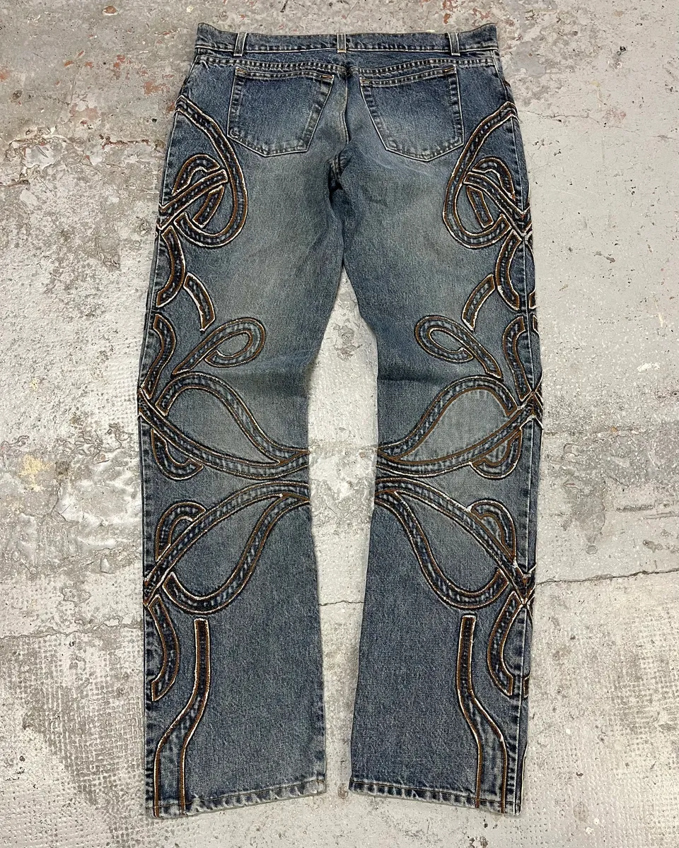 2000s Roberto Cavalli Blue Denim Abstract Lines Jeans - Image 7