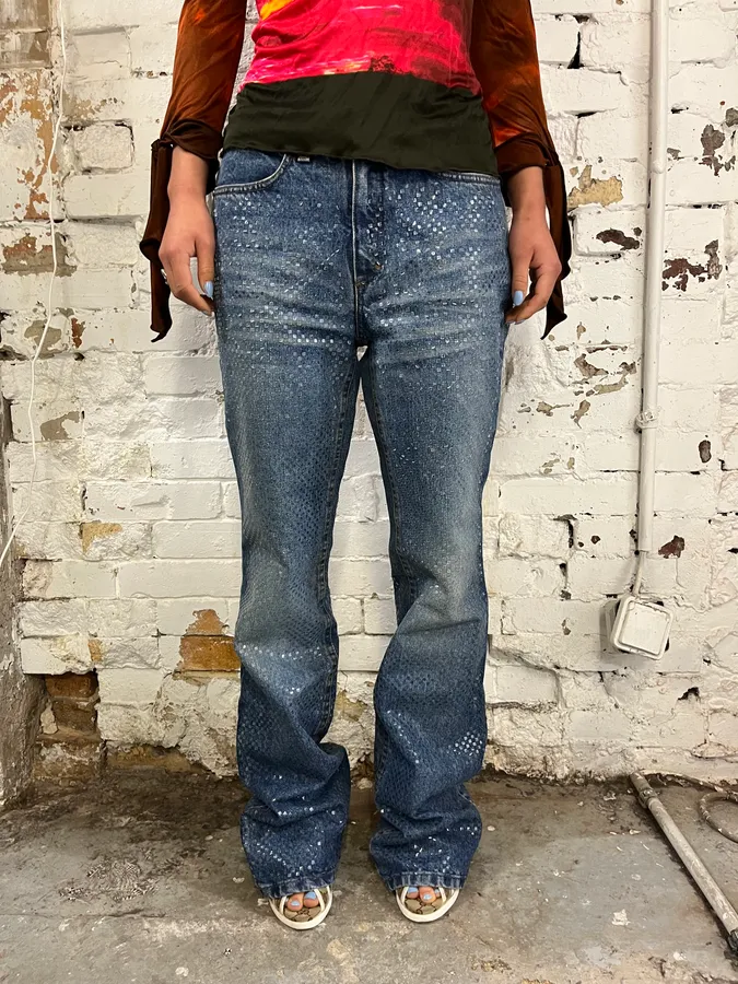 2000s Roberto Cavalli Blue Denim Sequin Flared Jeans