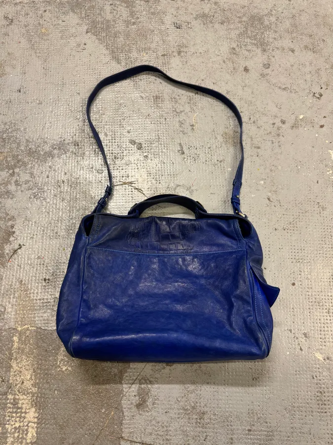 2000s Roberto Cavalli Blue Leather Crocodile Effect Handle Bag - Image 6