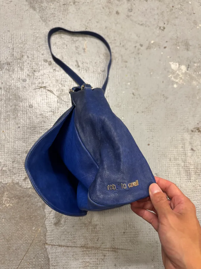 2000s Roberto Cavalli Blue Leather Crocodile Effect Handle Bag - Image 9